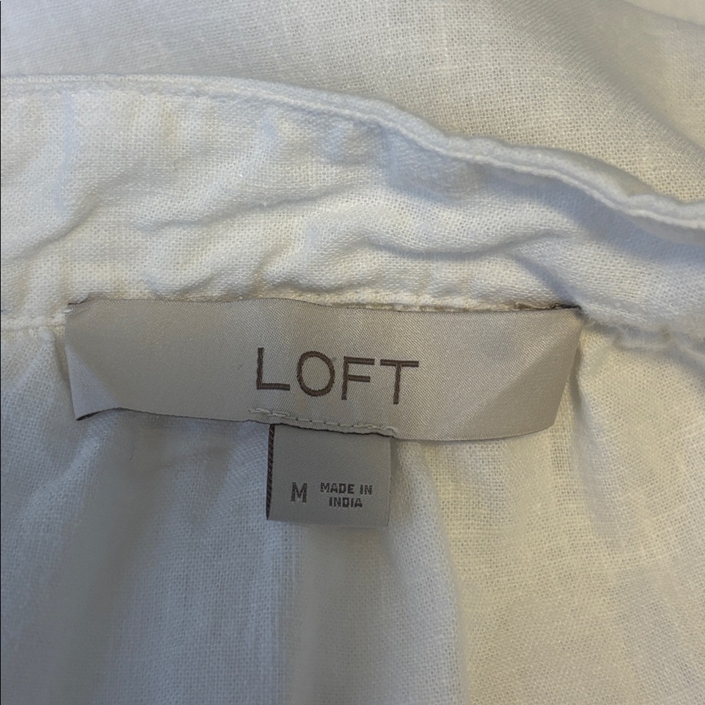 Loft white floral applica linen blend modern tie neck blouse size Medium - Picture 7 of 8
